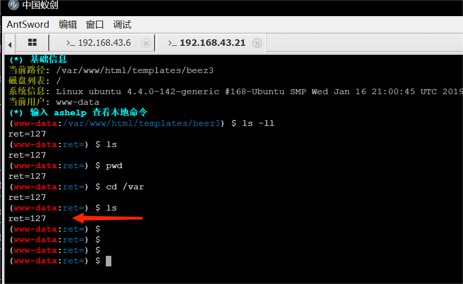 蚁剑终端提示ret=127
